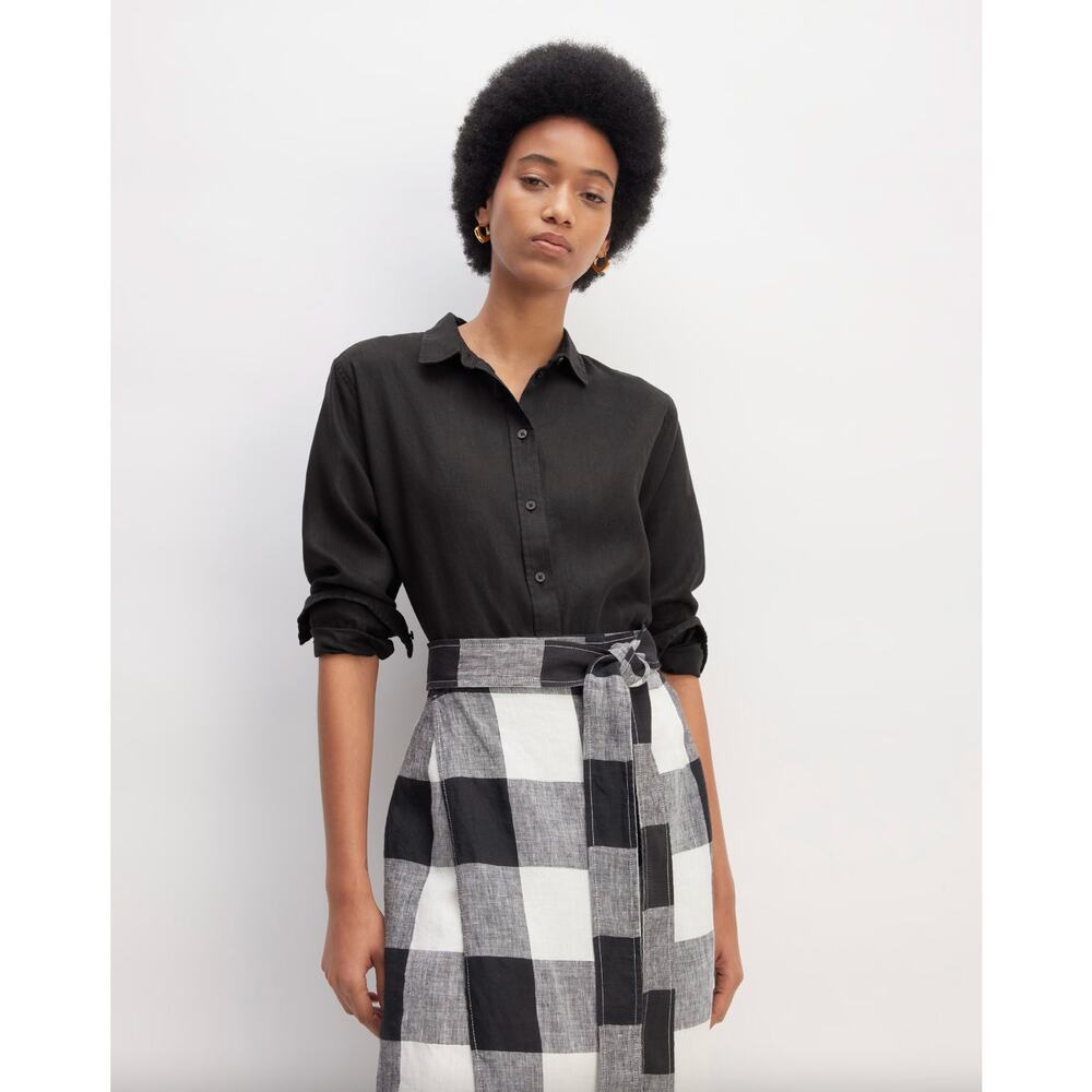 Everlane 100% Linen Button Down Shirt Relaxed Black Sz 2 Collar Office Academia